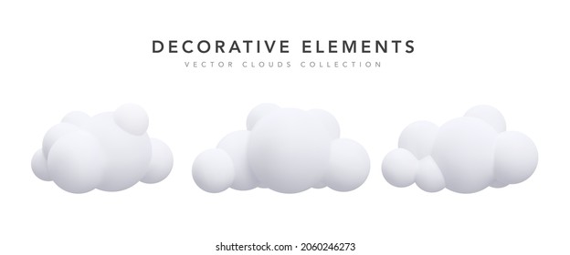 Collection of 3d realistic white clouds isolated on white background. Vector illustration