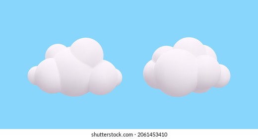 Collection of 3d realistic white clouds isolated on blue background. Vector illustration