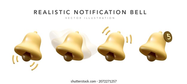 Collection 3d realistic yellow notification bell icons for incoming inbox message. Ringing bell and notification number sign for alarm clock and smartphone application alert. Vector illustration