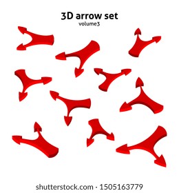 Collection 3d red arrows isolated on white background. Information pointers set. Vector illustration.
