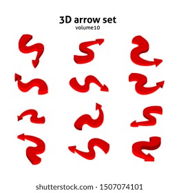Collection 3d red arrows isolated on white background. Information pointers set. Vector illustration.
