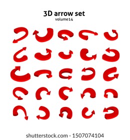 Collection 3d red arrows isolated on white background. Information pointers set. Vector illustration.
