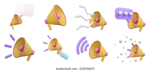 Collection of 3d render vector megaphone icon set. Concept of announcement, promotion, information.