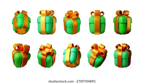 Collection of 3d rendered green gift box with golden ribbon on white background. Holiday present for Christmas, New Year, birthday, special event concept. Vector illustration