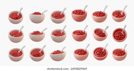 A collection of 3D rendered illustrations featuring various bowls filled with red fruit jam or sauce, each containing a spoon, isolated on a transparent background.
