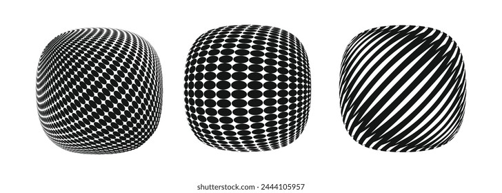 A collection of 3D rhombus vector designs featuring various geometric element textures is isolated against a white background. The blobs showcase diverse patterns for added visual interest.