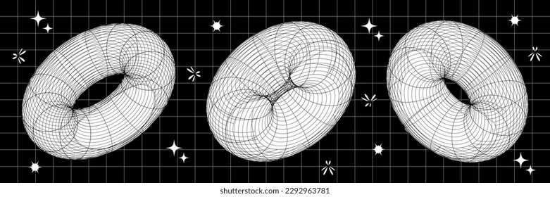 Collection 3d shapes design in y2k style. Trendy elements in 70s-2000s. Vector illustration.
