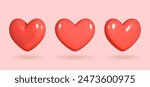 Collection of 3D shiny realistic heart balloons in red, displayed from different angles. Vector illustration for cards, parties, designs, flyers, posters, decorations, banners, web and advertising.