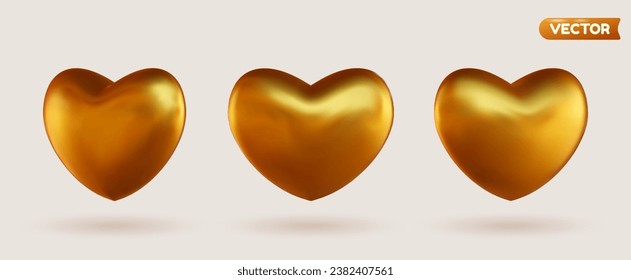 Collection of 3D shiny realistic heart balloons in gold, displayed from different angles. Vector illustration for cards, parties, designs, flyers, posters, decorations, banners, web and advertising.