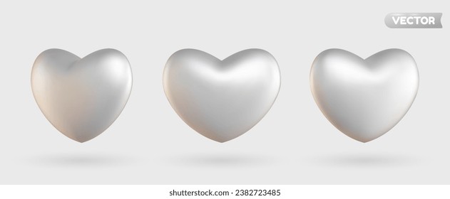 Collection of 3D shiny realistic heart balloons in white, displayed from different angles. Vector illustration for cards, parties, designs, flyers, posters, decorations, banners, web and advertising.