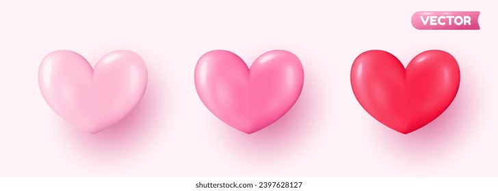 Collection of 3D shiny realistic heart balloons in pink, displayed from different angles. Vector illustration for cards, parties, designs, flyers, posters, decorations, banners, web and advertising.