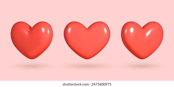 Collection of 3D shiny realistic heart balloons in red, displayed from different angles. Vector illustration for cards, parties, designs, flyers, posters, decorations, banners, web and advertising.