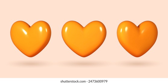 Collection of 3D shiny realistic heart balloons in yellow, displayed from different angles. Vector illustration for cards, parties, designs, flyers, posters, decorations, banners, web and advertising.