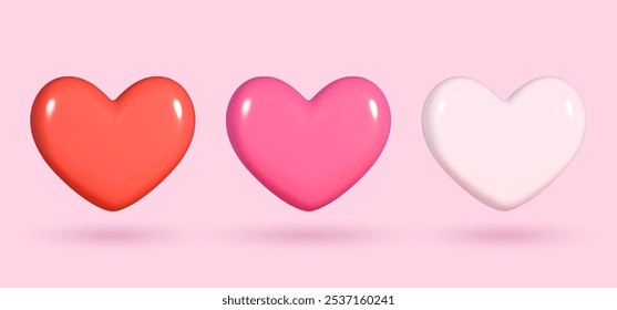 Collection of 3D shiny realistic heart balloons in red, pink, and white. Vector illustration for cards, parties, designs, flyers, posters, decorations, banners, web and advertising.