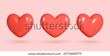 Collection of 3D shiny realistic heart balloons in red, displayed from different angles. Vector illustration for cards, parties, designs, flyers, posters, decorations, banners, web and advertising.