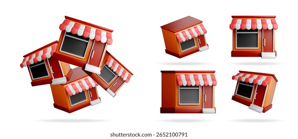 Uma coleção de ícones de loja 3D com um toldo listrado vermelho e branco em um fundo branco. Compras on-line e conceito de pequena empresa.