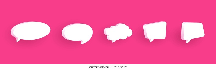 Collection of 3D speech bubbles. Various chat and dialog icons isolated on pink background. Vector design set.
