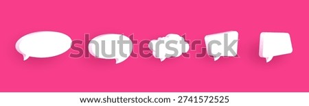 Collection of 3D speech bubbles. Various chat and dialog icons isolated on pink background. Vector design set.
