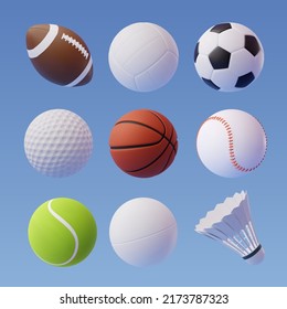 Collection of 3d sport and ball icon collection isolated on blue, Sport and recreation for healthy life style concept. Eps 10 Vector.