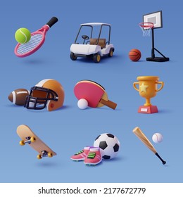 Collection of 3d sport icon collection isolated on blue, Sport and recreation for healthy life style concept. Eps 10 Vector. - Shutterstock ID 2177672779