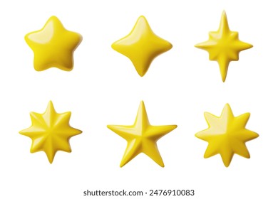 Collection of 3D star icons. Vector illustration set featuring various styles of yellow stars, perfect for decorative and festive uses.