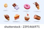 Collection of 3D sweets in cartoon style. Striped spiral lollipop, chocolate bar, donut with pink glaze, ice cream in waffle cone. Croissant with topping, piece of cake, cupcake, Swiss roll