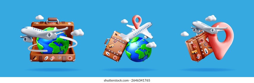 Collection of 3d travel icons with globe, airplane and luggage. Digital art for vacation and international tourism concept.