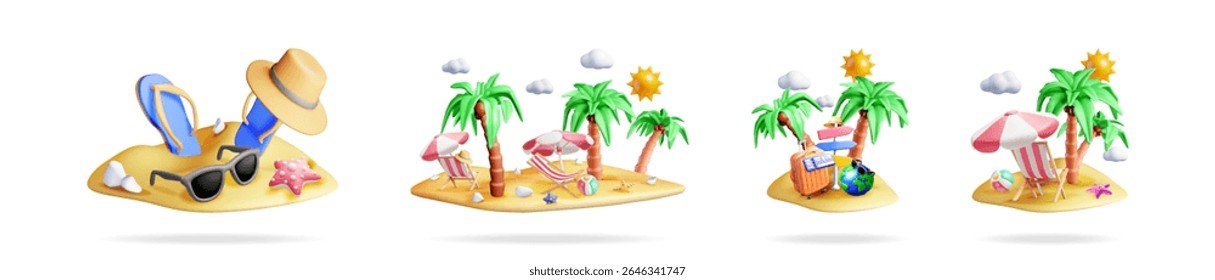 A collection of 3d travel and tropical vacation elements featuring islands, palms, beach chair, parasol, luggage illustration.