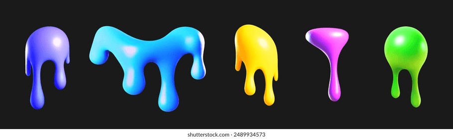 Collection of 3D vector abstract illustrations of paint flowing down, flowing abstract figures, abrasive dark drops.
