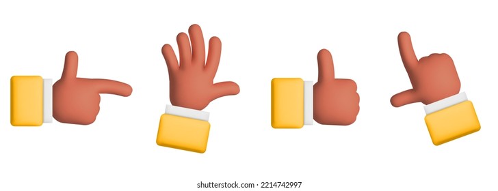 Collection Of 3d Vector African Black Skin Tone Man Hands Gesture. Cartoon Render For Digital Marketing, Feedback And Social Media Clipart. Thumb Up, Like, Pointing, Greeting, Hi Five Gesture.