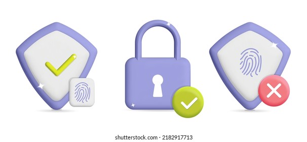 Collection of 3d vector biometric security shield and lock logo design. Shield with fingerprint recognition and check and cross mark  logo. ID touch identity concept symbols. Protection, safety, lock