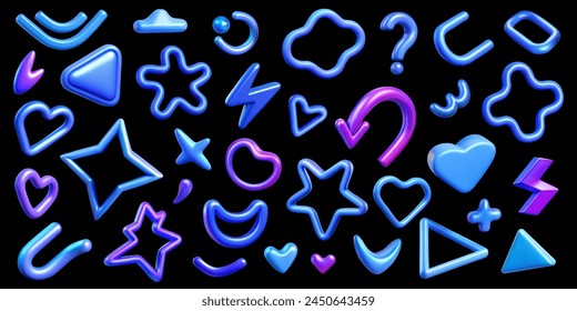 A collection 3d vector of blue and purple shapes and symbols, featuring a variety of colors and forms such as hearts, arrow,question marks,lightning, abstractions and lines