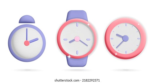 Colección de dibujos animados vectoriales 3d diseño de iconos lindos de relojes rosados y violetas. Reloj de alarma, reloj de mano con relojes de flechas. Gestión del tiempo y mantenimiento del tiempo, empresa, trabajo, símbolo de concepto de período de tiempo. 