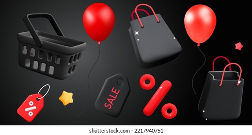 Collection 3d vector  cartoon render for online shopping and discount sale offer for Black friday and Cyber Monday. Red balloon with percent label tag coupon, black store basket, cart, paper gift bag