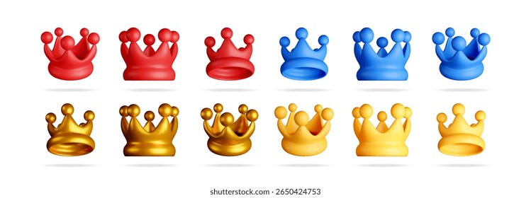 Coleção de coroas vetoriais 3D em vermelho, azul e ouro com sombras suaves. Renderizado para elemento de design ou ativo de jogo.