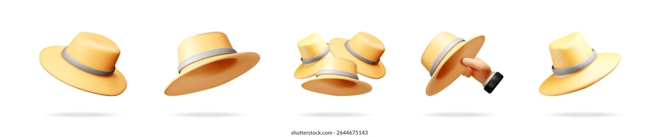 Coleção de ilustrações de chapéu de detetive vetorial 3d flutuando no ar. Conceito de investigação, mistério e espionagem para marketing digital e web design.