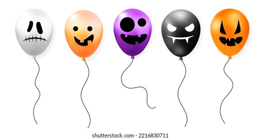 Collection 3d vector Halloween glossy balloon decoration element with different face expressions design. Black, white, orange air balloon with scary spooky ghost eyes and smiles isolated on white.