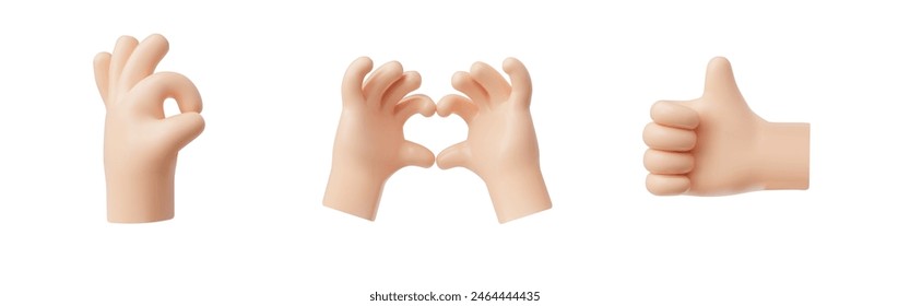 A collection of 3D vector icon illustrations of hand gestures: an OK sign, a heart shape, and a thumbs up, signifying approval, love, and positivity.