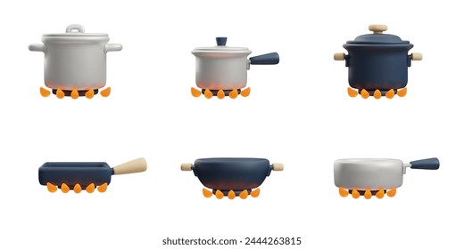 Eine Kollektion von 3D-Vektor-Icons mit Schwerpunkt auf frischer, natürlicher Küche. Es enthält Kochutensilien, Töpfe, Topf, Wok-Pfannen, ideal für jede Hausmannskost von Fleisch.