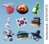 collection of 3D vector icons representing South Korea’s culture and landmarks