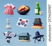 collection of 3D vector icons representing South Korea’s culture and landmarks