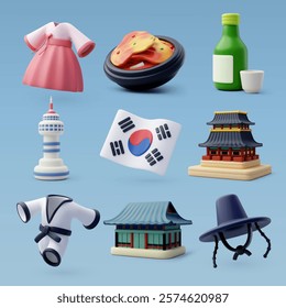 collection of 3D vector icons representing South Korea’s culture and landmarks