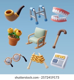 Collection of 3D vector icons showcasing aging society themes, including a pipe, walker, dentures, cane, and hobbies