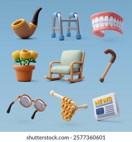 Collection of 3D vector icons showcasing aging society themes, including a pipe, walker, dentures, cane, and hobbies