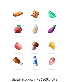 Collection of 3d vector illustrations of various food items including fruit, vegetables, meat, bread, and dairy. Grocery concept.