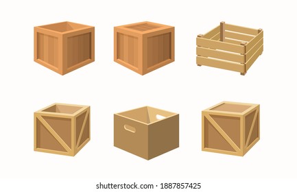 Collection of 3D vector illustrations of a wooden shipping box. Suitable for design elements of delivery services, and delivery companies. Icon of various types of wooden box container.