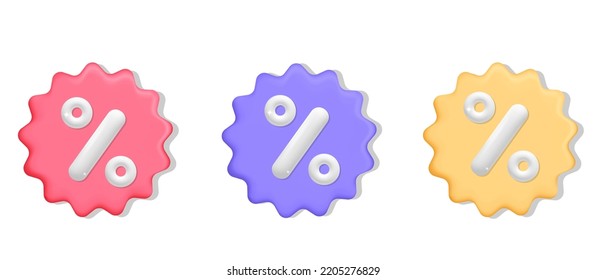 Collection 3d vector of realistic render online shopping sale discount label in different color design icon. Round star rounded shape, percent sign. Digital marketing, promo, advertisement, percentage