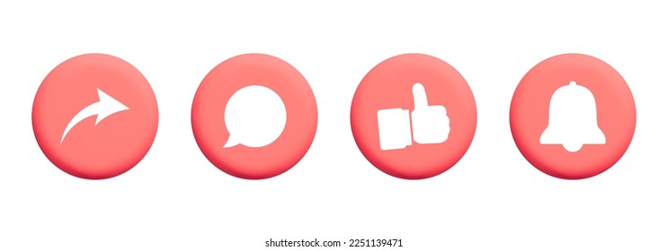 Collection of 3d vector red round circle badge buttons for social media share, subscribe, like, Comment, follow bubble box icon. Cartoon render ui web design isolated on background.