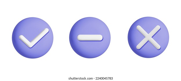 Collection of 3d vector web design element purple button with minus, plus and check mark symbol. Cartoon render icon isolated on white background. 
