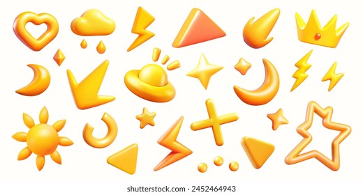 Collection of 3D vectors of yellow shapes and symbols of various shapes, such as triangles, month, moon, sun, arrow, ufo, lightning, abstract and lines.